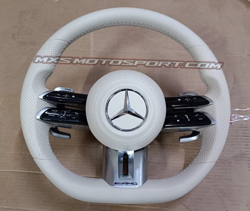 MXS4613 AMG Performance White Leather Steering Wheel – Flat Bottom Luxury Multi-Function Steering Upgrade
