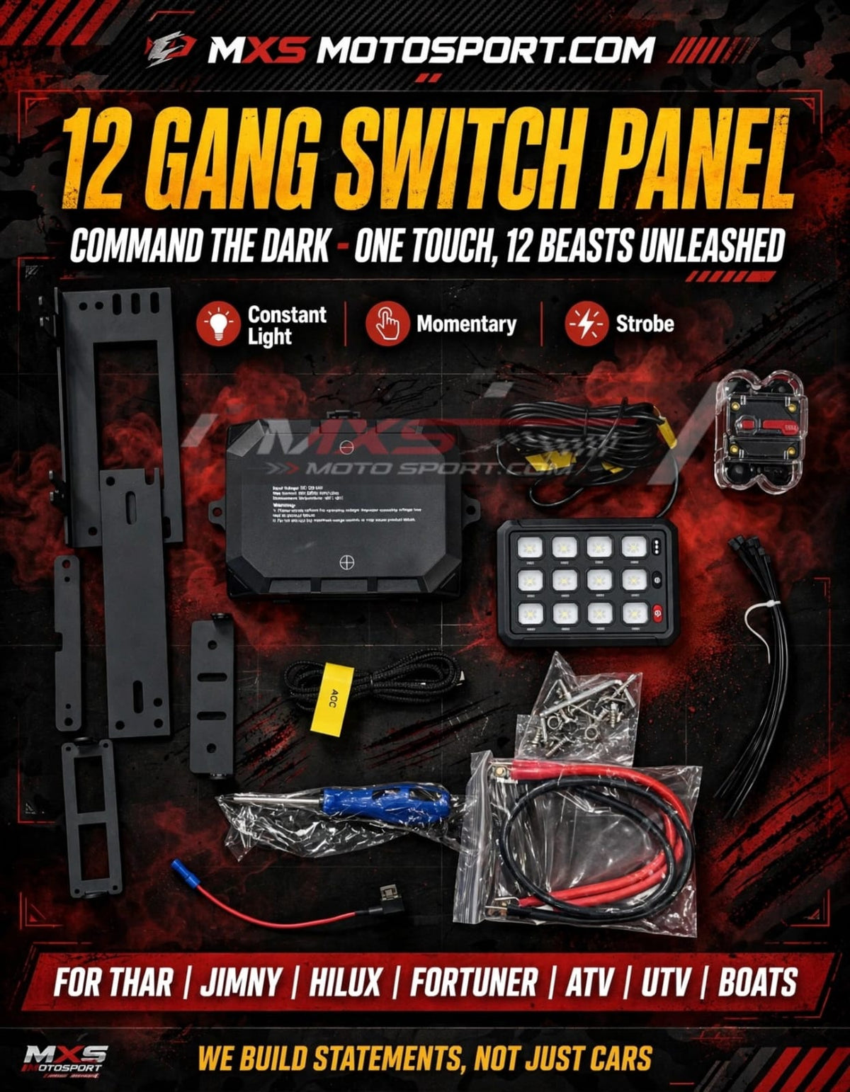 MXS4761 OFF-ROAD 12 GANG SWITCH PANEL - COMMAND THE DARK